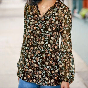 SOFT SURROUNDINGS Elia Sheer Black Floral Blouse Medium
